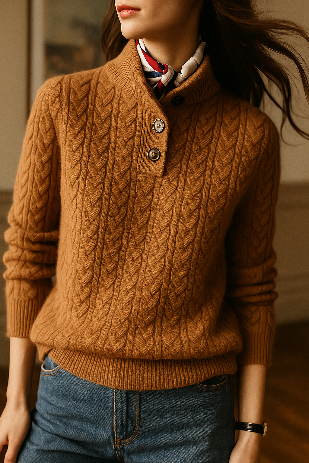 Womens Half Zip Knit Sweater | Button Collar Style