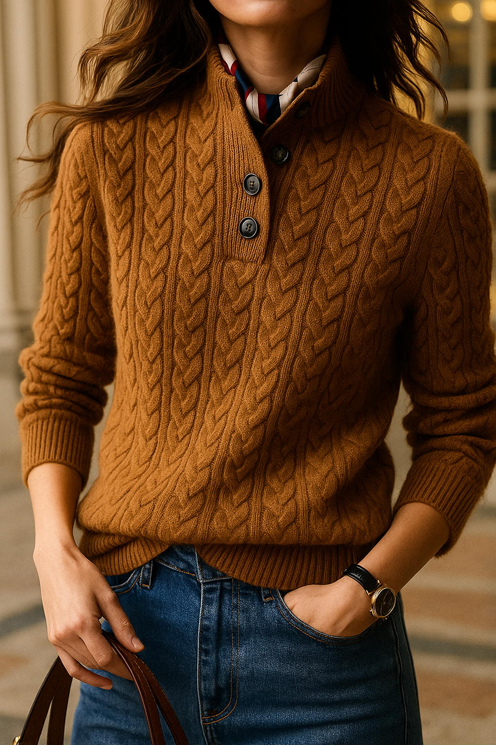 Womens Half Zip Knit Sweater | Button Collar Style