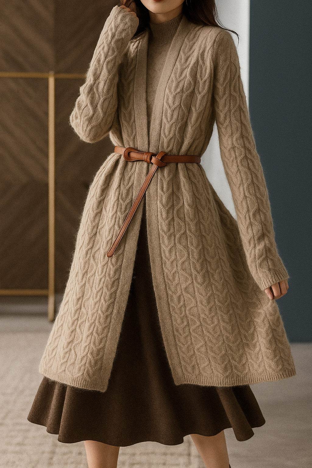 Womens Cable Twist Cardigan | Long Knit Layer