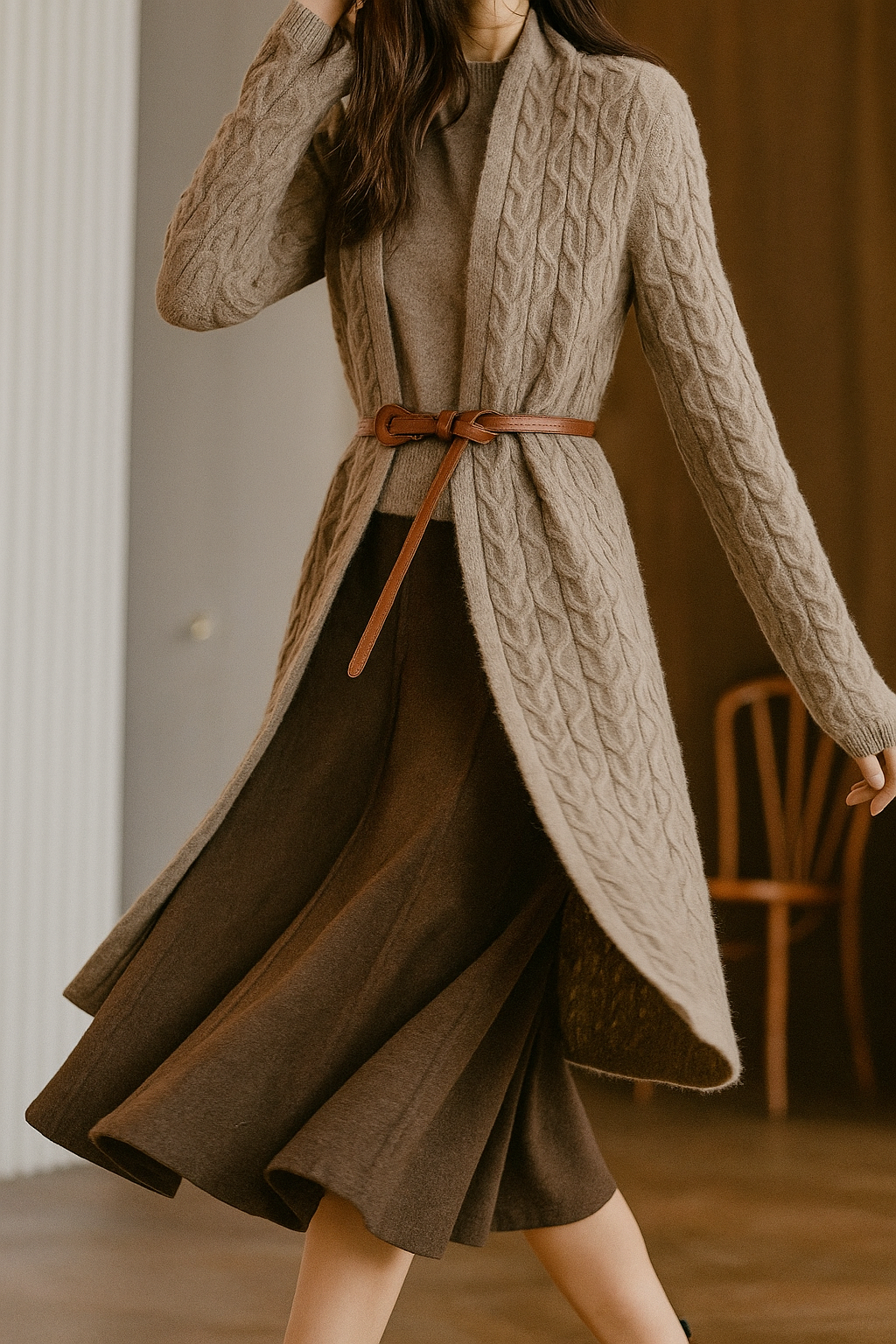 Womens Cable Twist Cardigan | Long Knit Layer