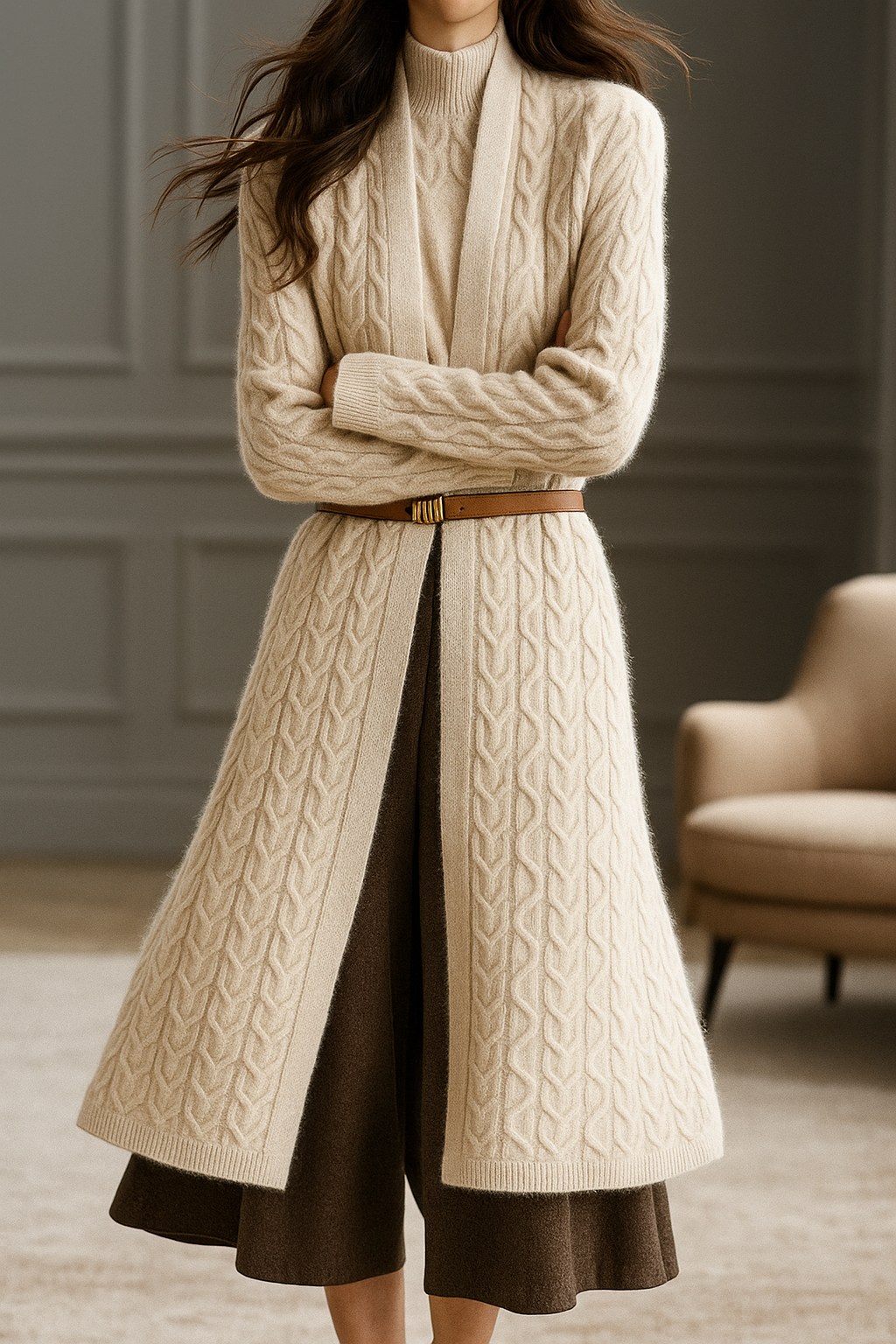 Womens Cable Twist Cardigan | Long Knit Layer