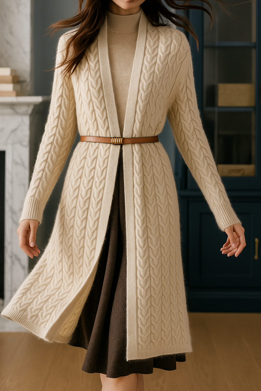 Womens Cable Twist Cardigan | Long Knit Layer