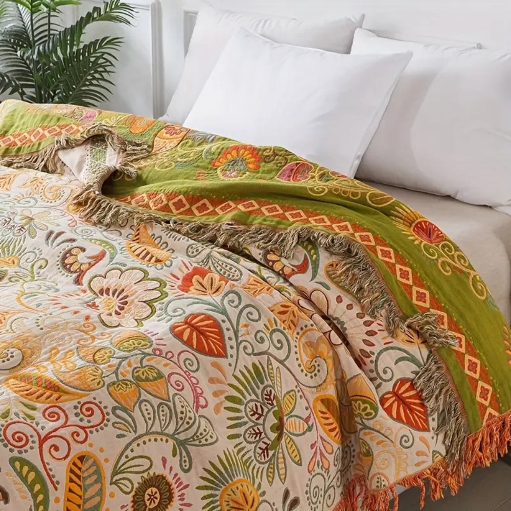 Wendbare Boho-Wolldecke mit Fransen für Sofa und Bett