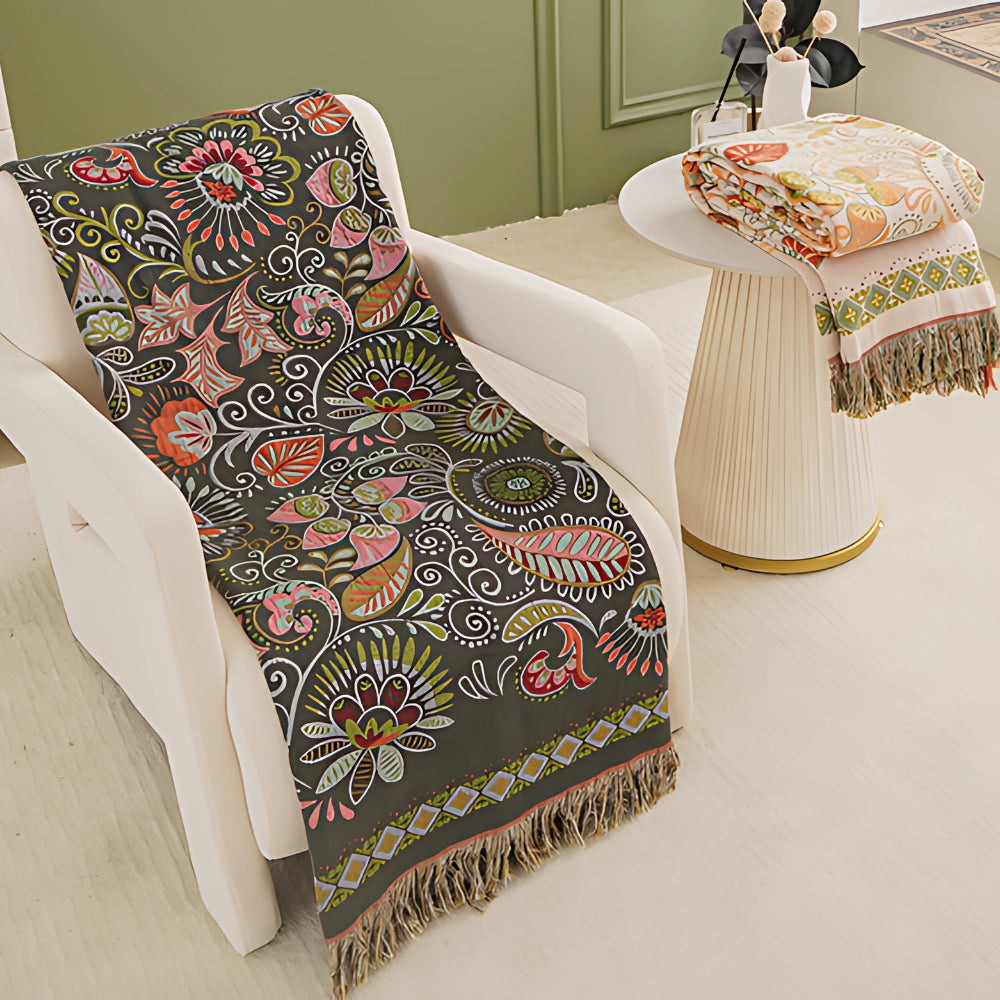 Wendbare Boho-Wolldecke mit Fransen für Sofa und Bett