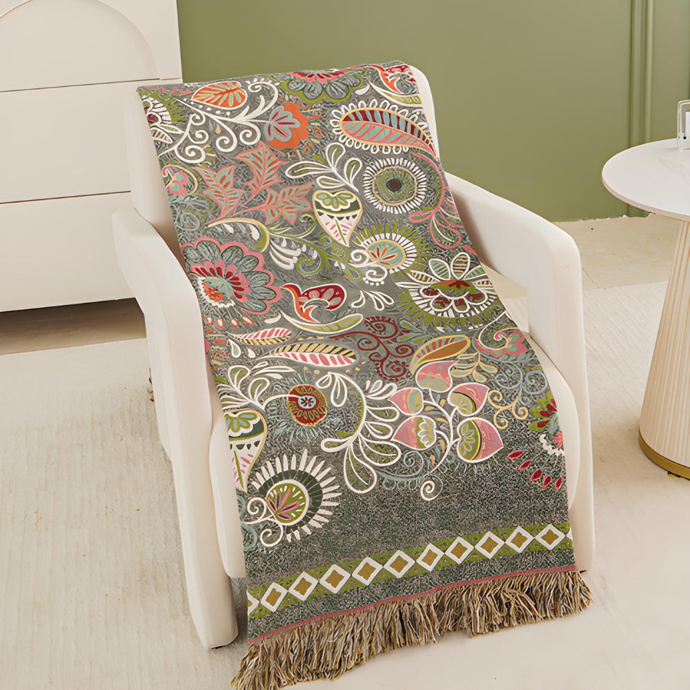 Wendbare Boho-Wolldecke mit Fransen für Sofa und Bett