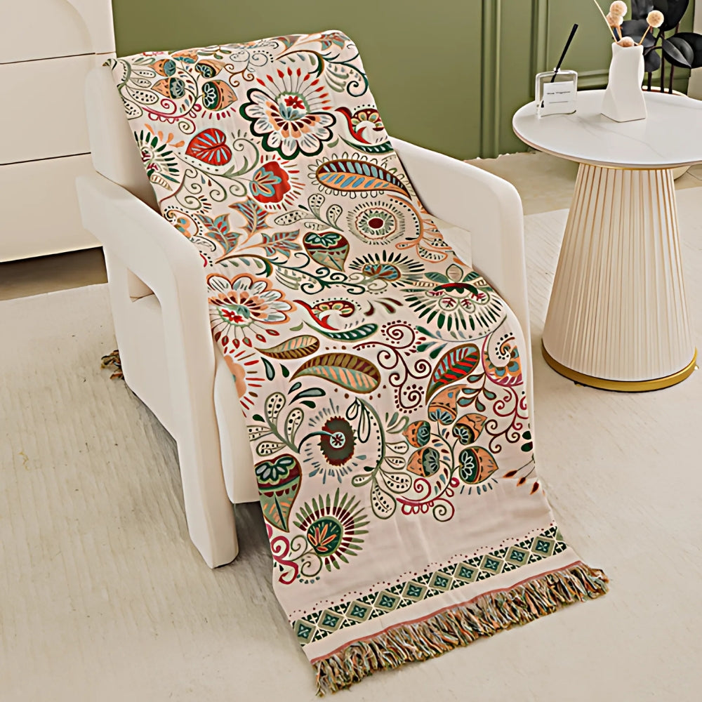 Wendbare Boho-Wolldecke mit Fransen für Sofa und Bett