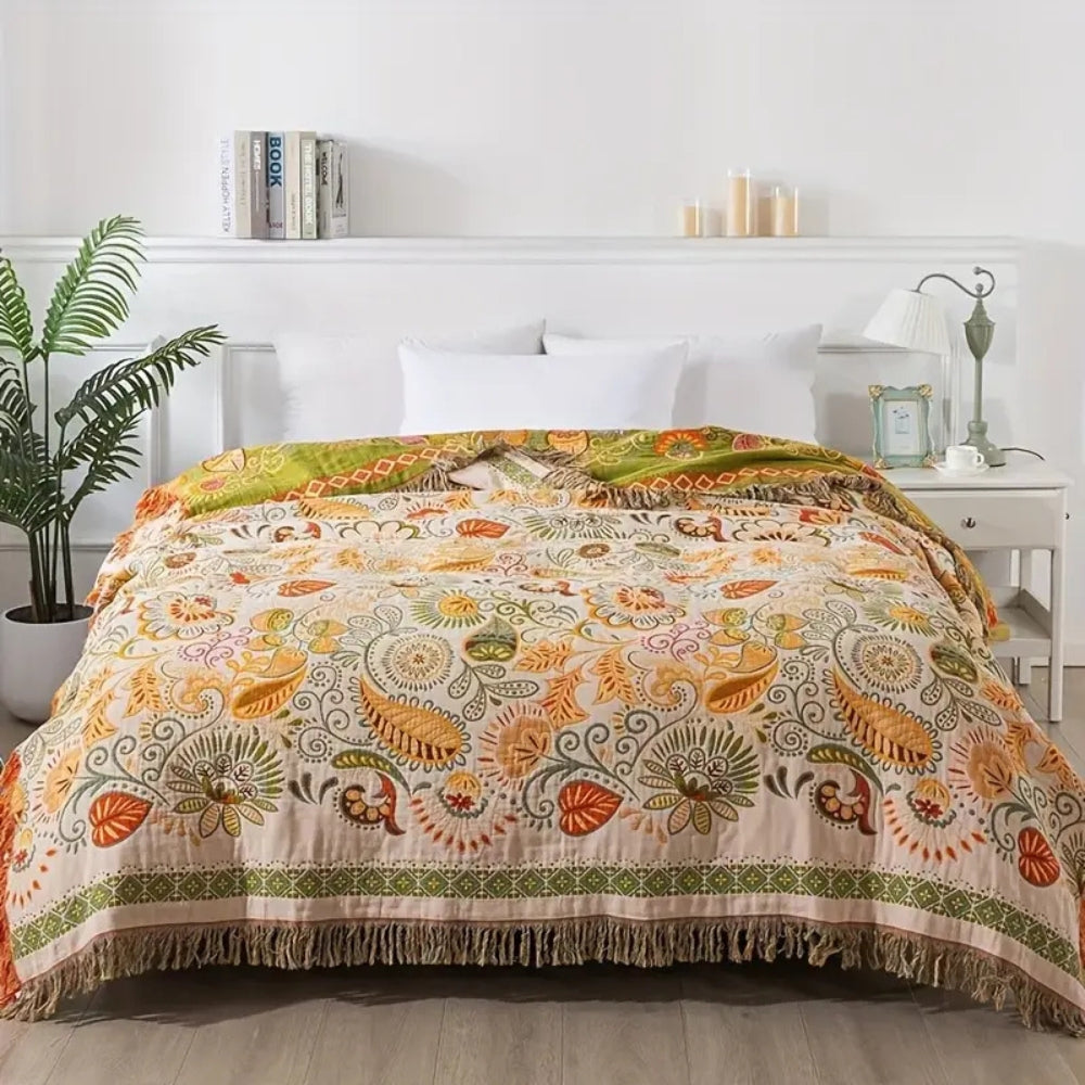 Wendbare Boho-Wolldecke mit Fransen für Sofa und Bett