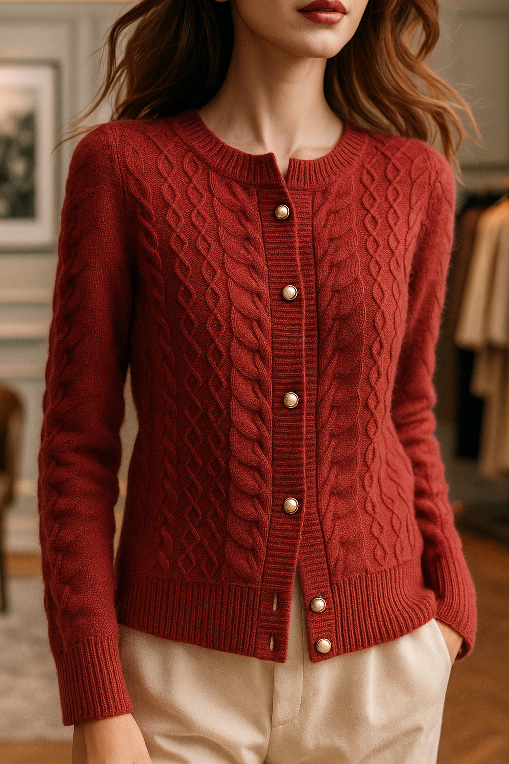 Womens Pearl Button Cardigan | Cable Pattern Knit