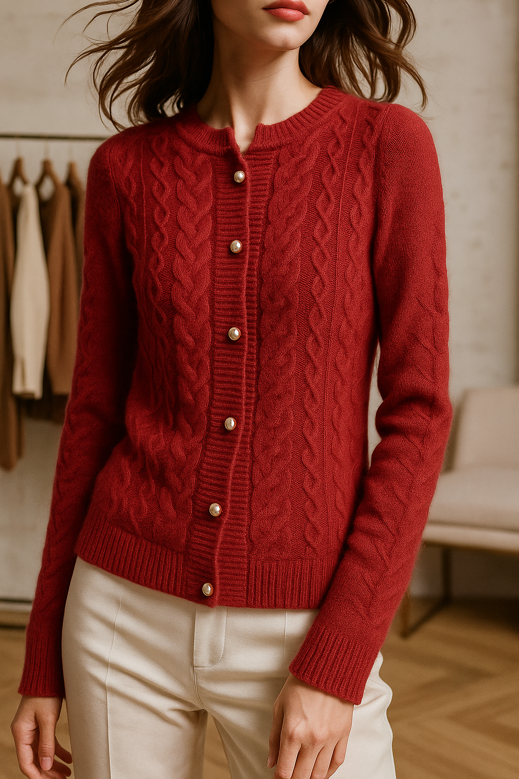 Womens Pearl Button Cardigan | Cable Pattern Knit