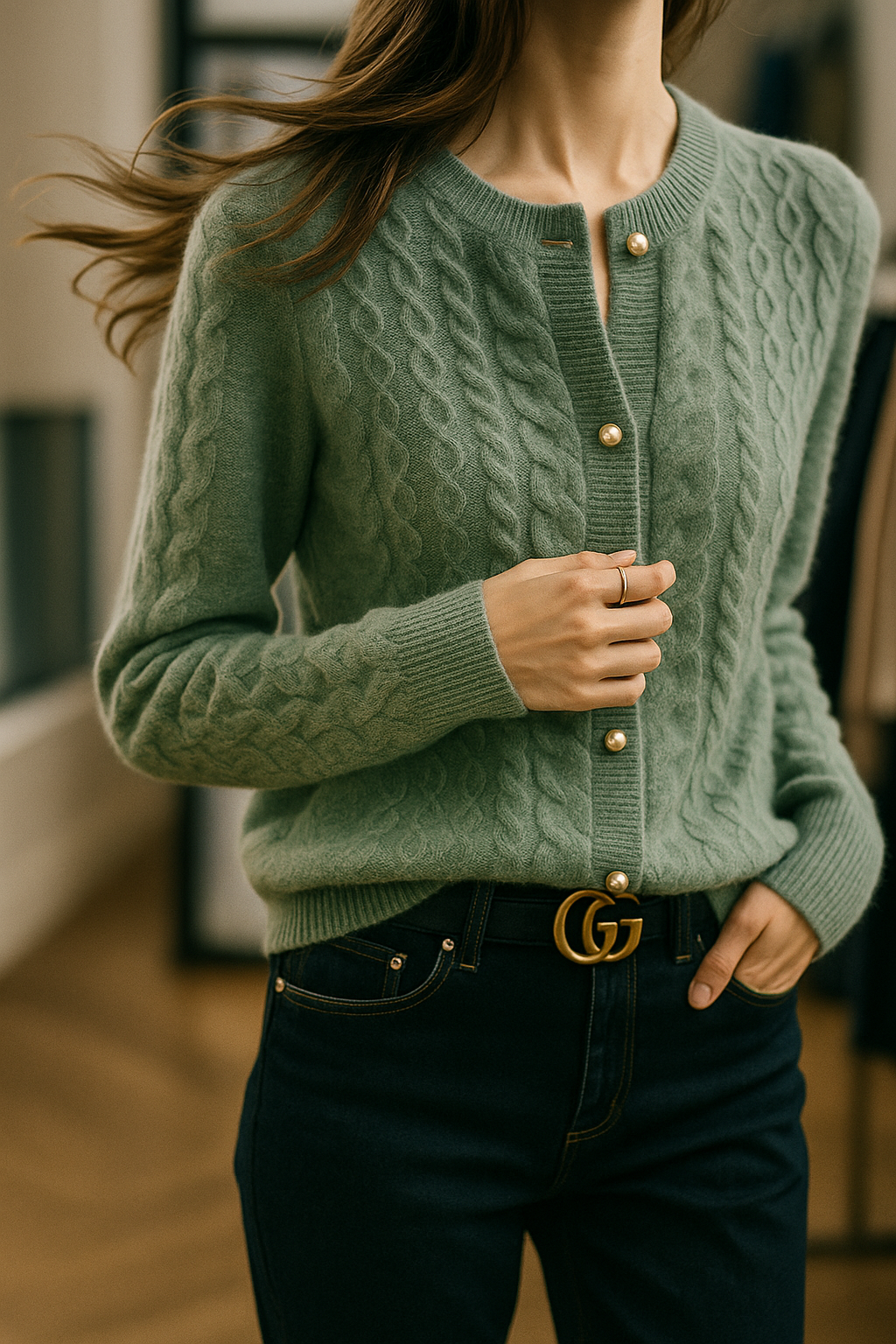 Womens Pearl Button Cardigan | Cable Pattern Knit