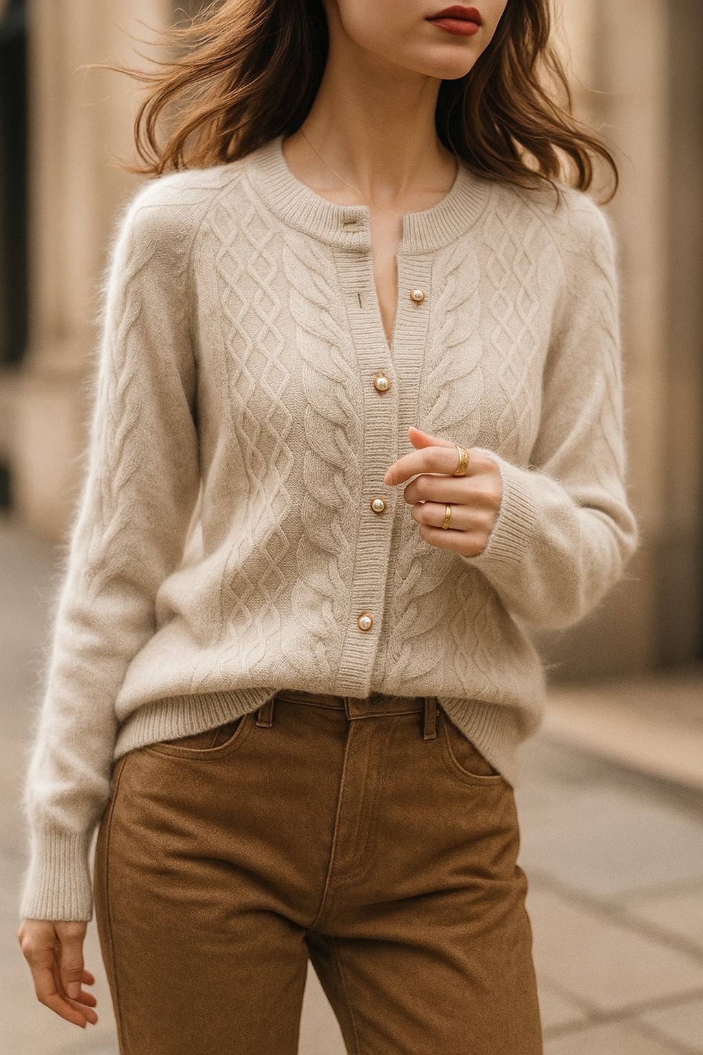 Womens Pearl Button Cardigan | Cable Pattern Knit