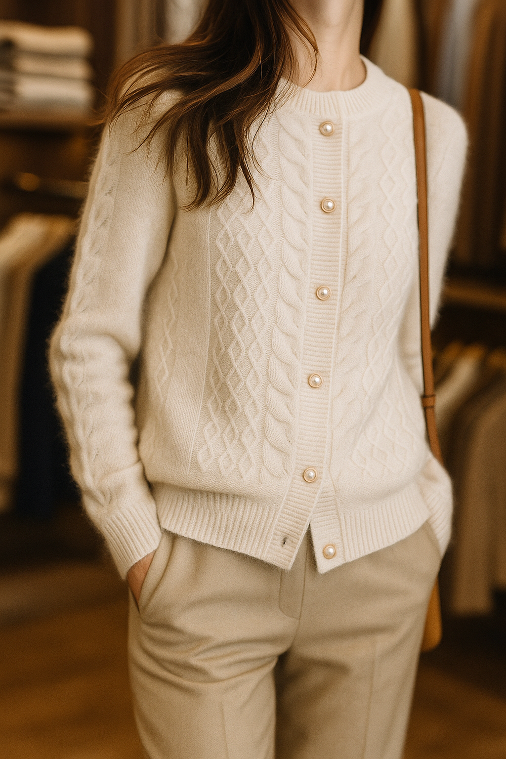 Womens Pearl Button Cardigan | Cable Pattern Knit