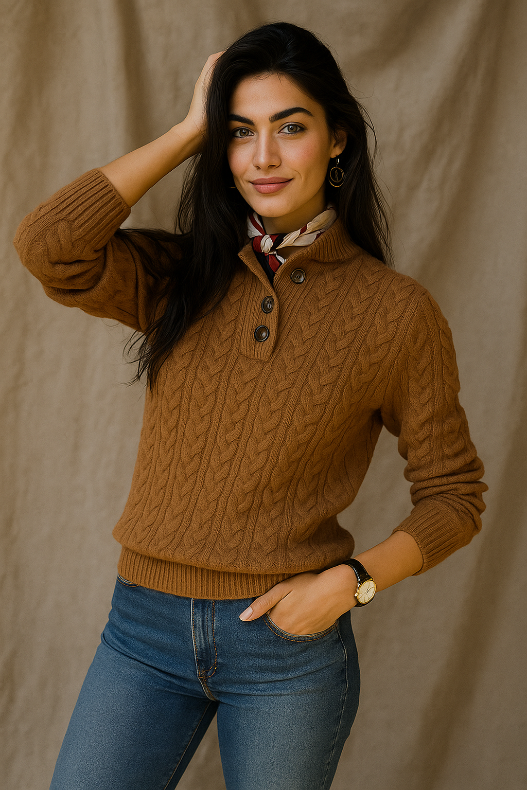 Womens Button Up Sweater | Stand Collar Knit Top