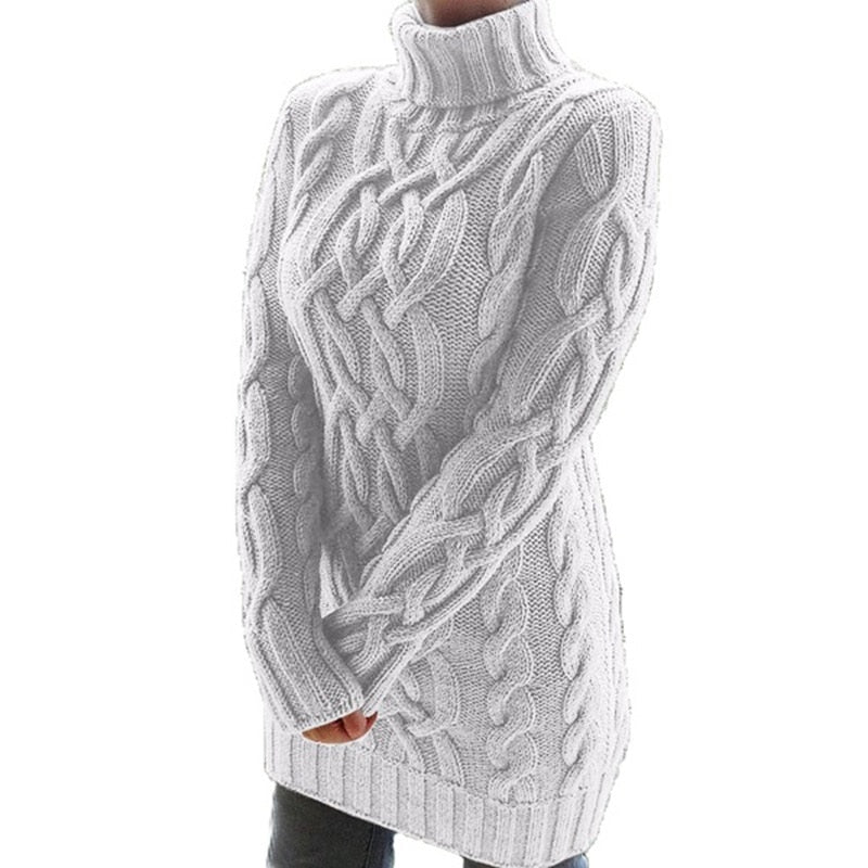Womens Long Turtleneck Sweater | Cable Pattern