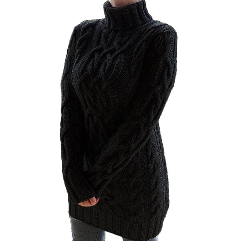 Womens Long Turtleneck Sweater | Cable Pattern