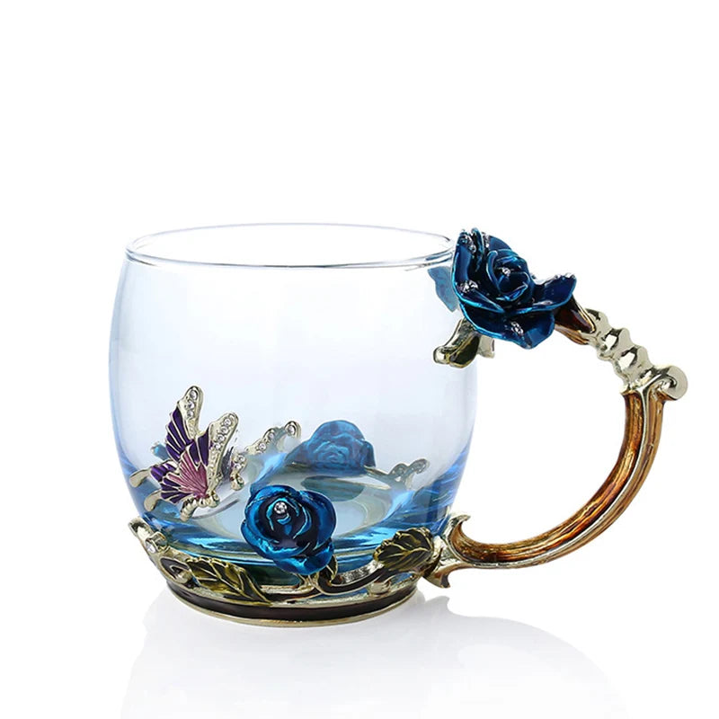 Emaille-Rosen-Glas-Teetassen-Set mit Löffel als Muttertagsgeschenk