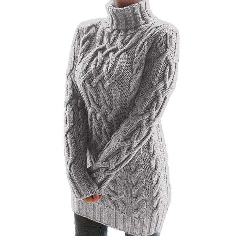 Womens Long Turtleneck Sweater | Cable Pattern