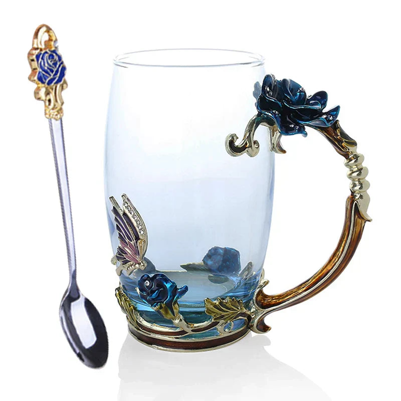 Emaille-Rosen-Glas-Teetassen-Set mit Löffel als Muttertagsgeschenk