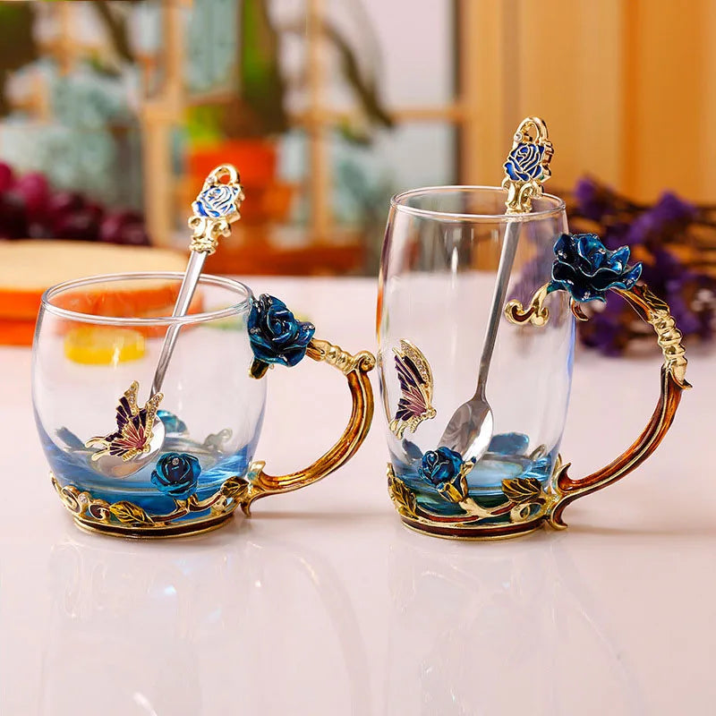 Emaille-Rosen-Glas-Teetassen-Set mit Löffel als Muttertagsgeschenk
