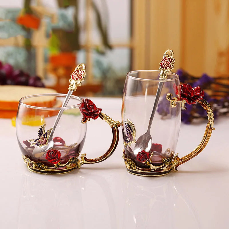 Emaille-Rosen-Glas-Teetassen-Set mit Löffel als Muttertagsgeschenk