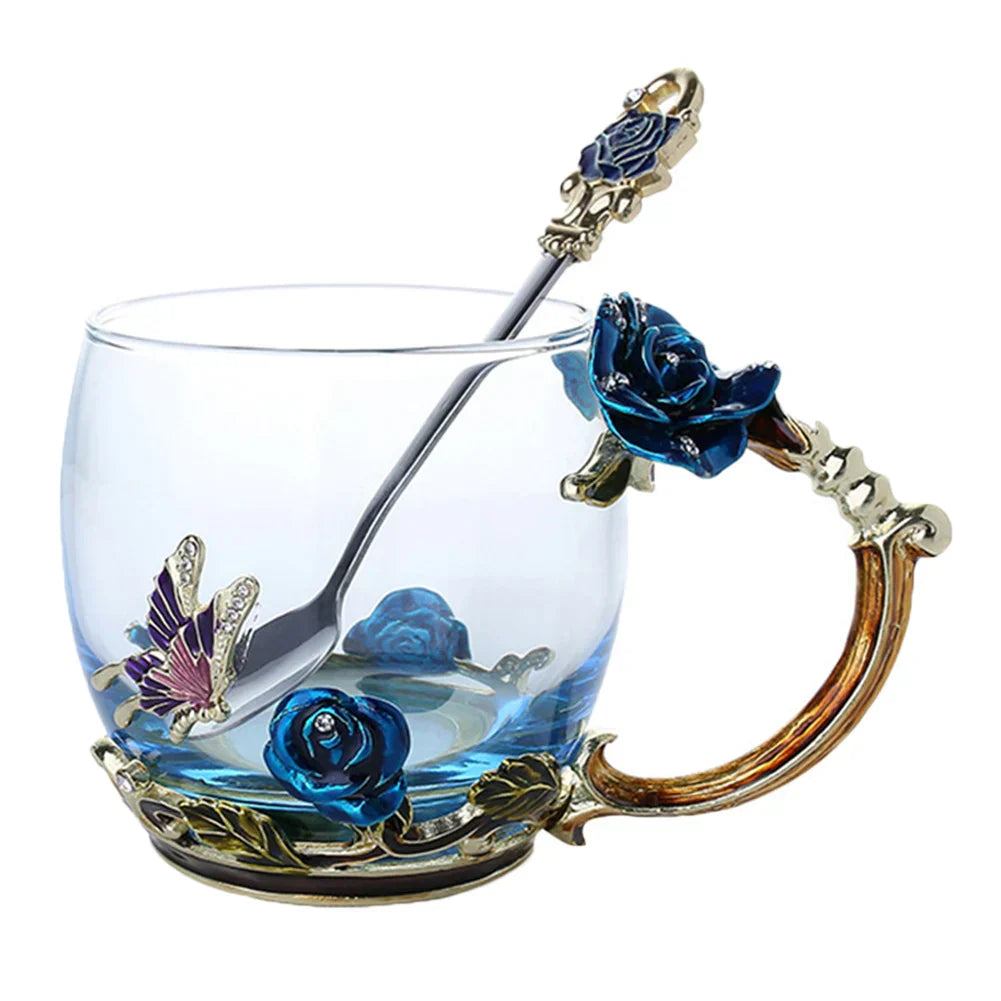 Enamel Rose Glass Tea Cup Set with Spoon for Mother's Day Gift