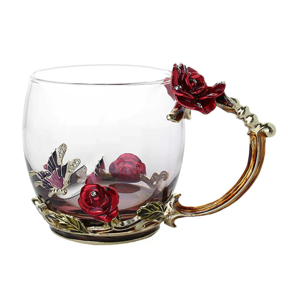 Emaille-Rosen-Glas-Teetassen-Set mit Löffel als Muttertagsgeschenk