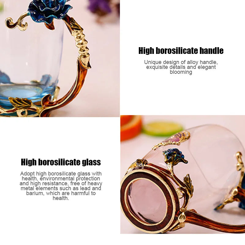 Emaille-Rosen-Glas-Teetassen-Set mit Löffel als Muttertagsgeschenk