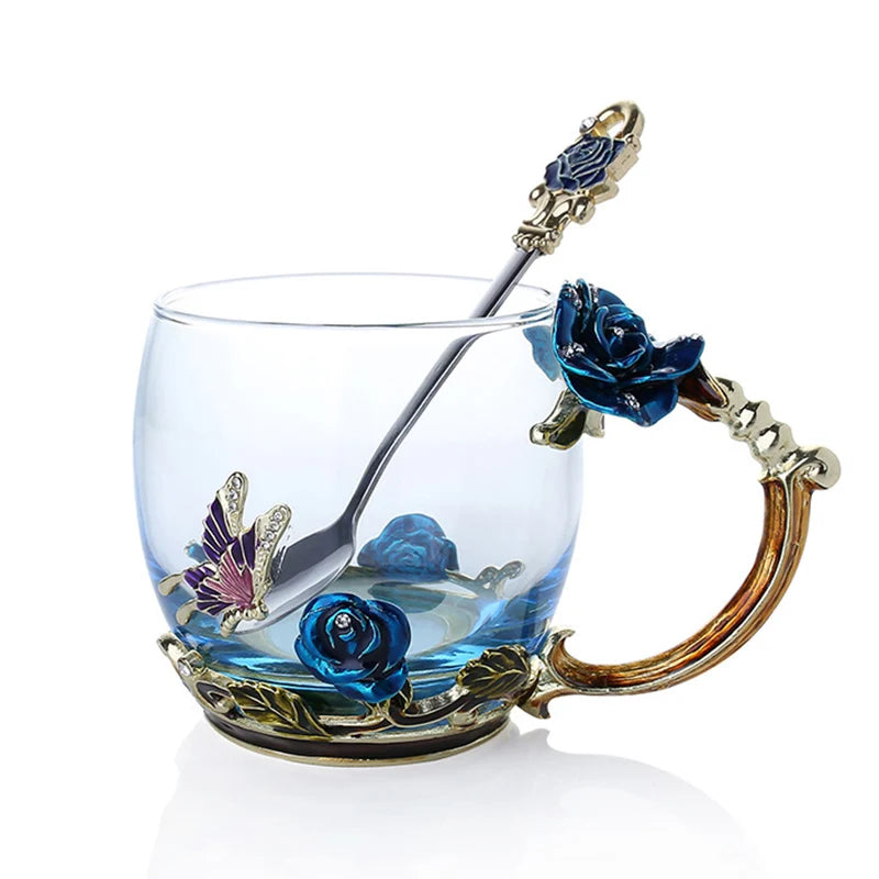 Enamel Rose Glass Tea Cup Set with Spoon for Mother's Day Gift