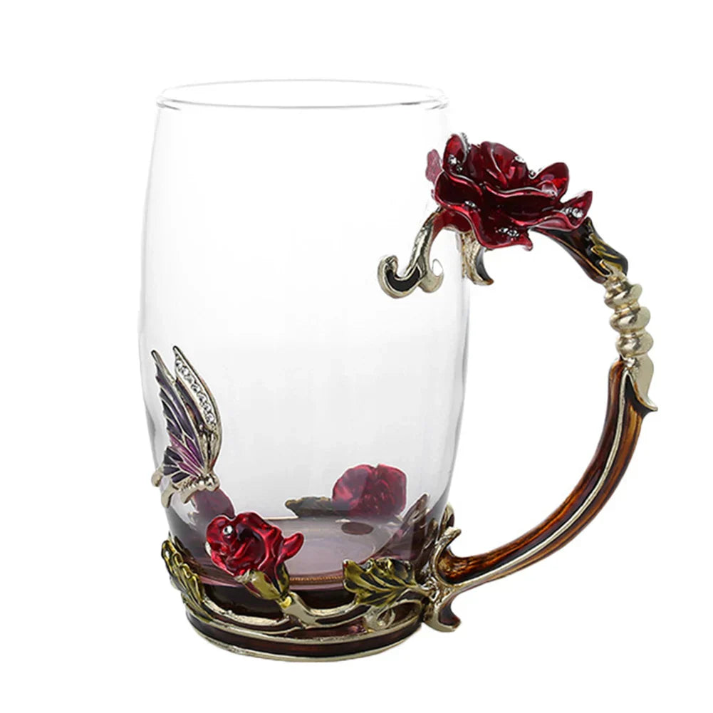 Emaille-Rosen-Glas-Teetassen-Set mit Löffel als Muttertagsgeschenk