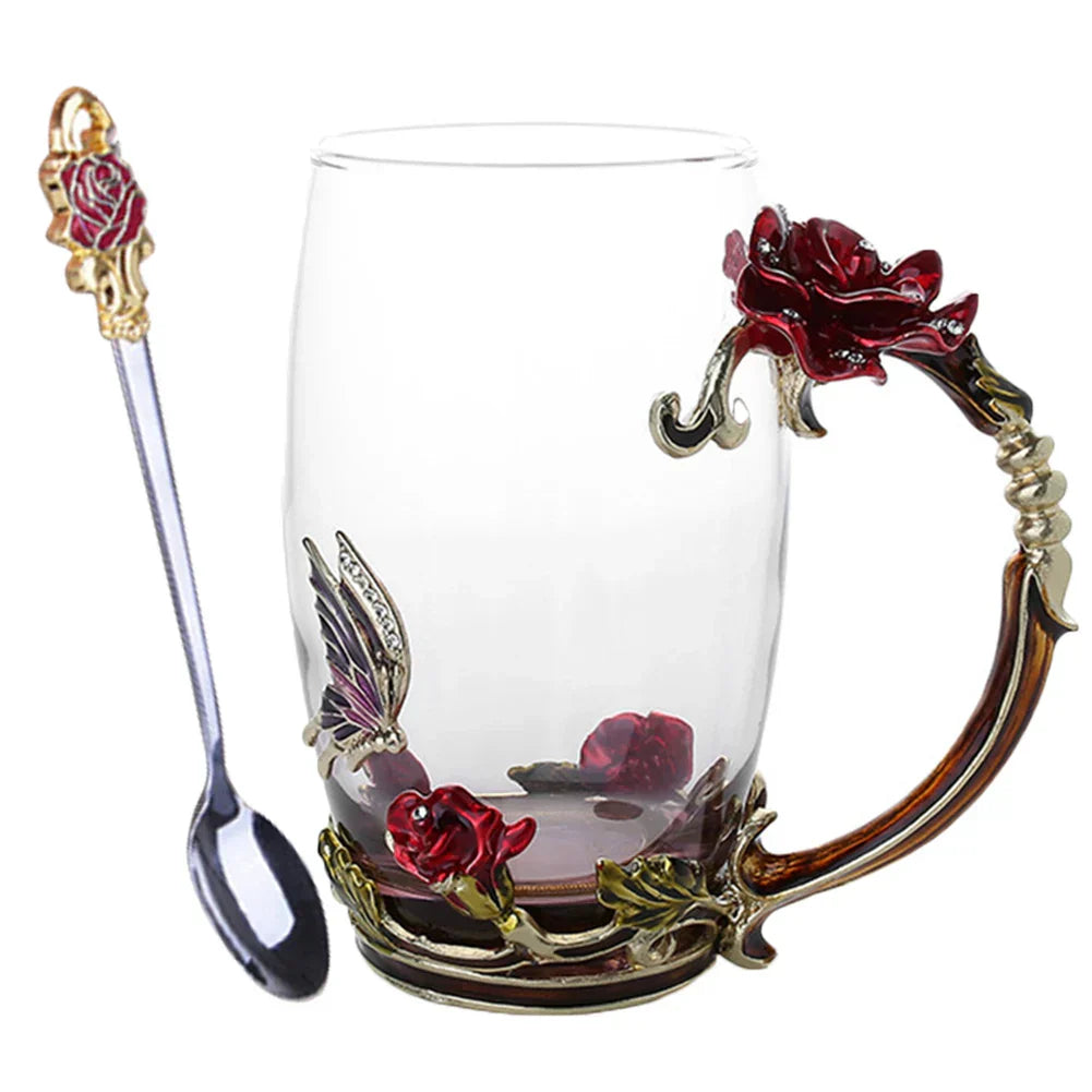 Emaille-Rosen-Glas-Teetassen-Set mit Löffel als Muttertagsgeschenk