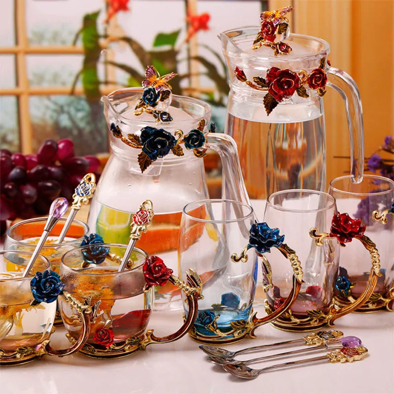 Emaille-Rosen-Glas-Teetassen-Set mit Löffel als Muttertagsgeschenk