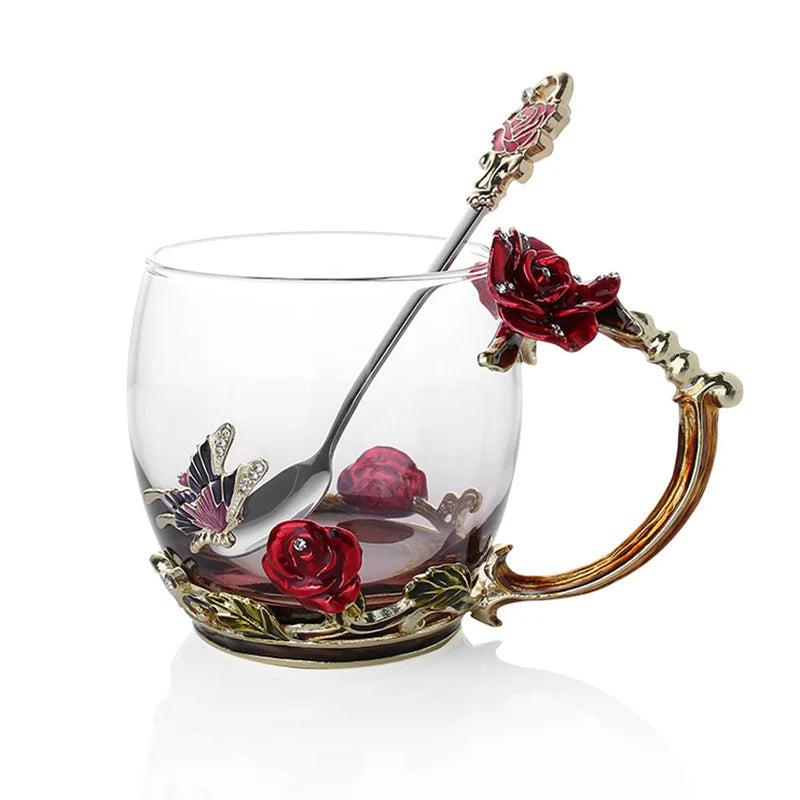 Enamel Rose Glass Tea Cup Set with Spoon for Mother's Day Gift