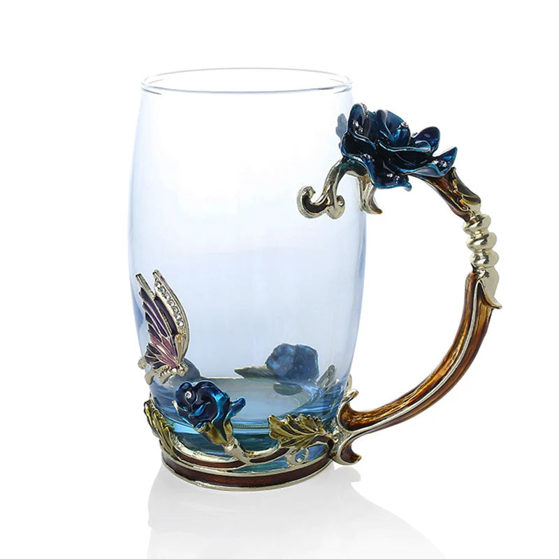 Emaille-Rosen-Glas-Teetassen-Set mit Löffel als Muttertagsgeschenk