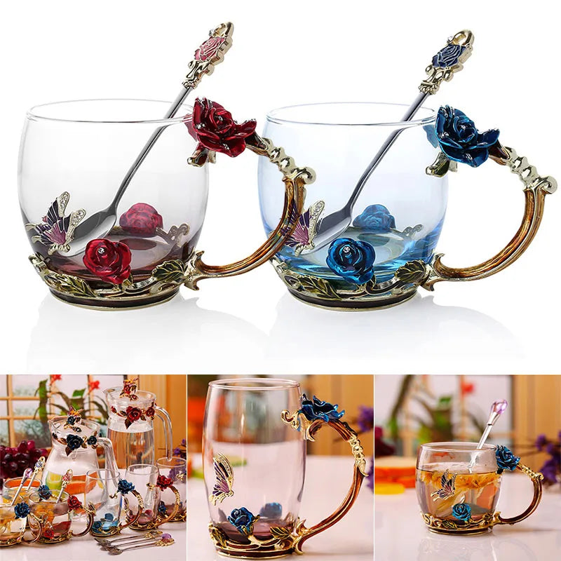 Emaille-Rosen-Glas-Teetassen-Set mit Löffel als Muttertagsgeschenk