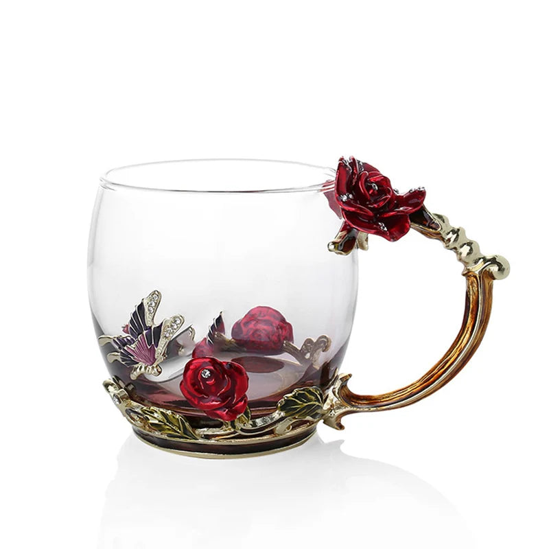 Enamel Rose Glass Tea Cup Set with Spoon for Mother's Day Gift