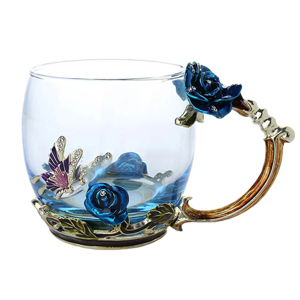Enamel Rose Glass Tea Cup Set with Spoon for Mother's Day Gift