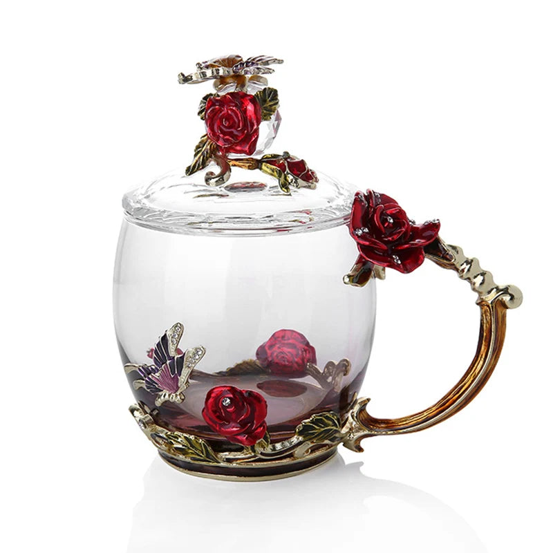 Enamel Rose Glass Tea Cup Set with Spoon for Mother's Day Gift
