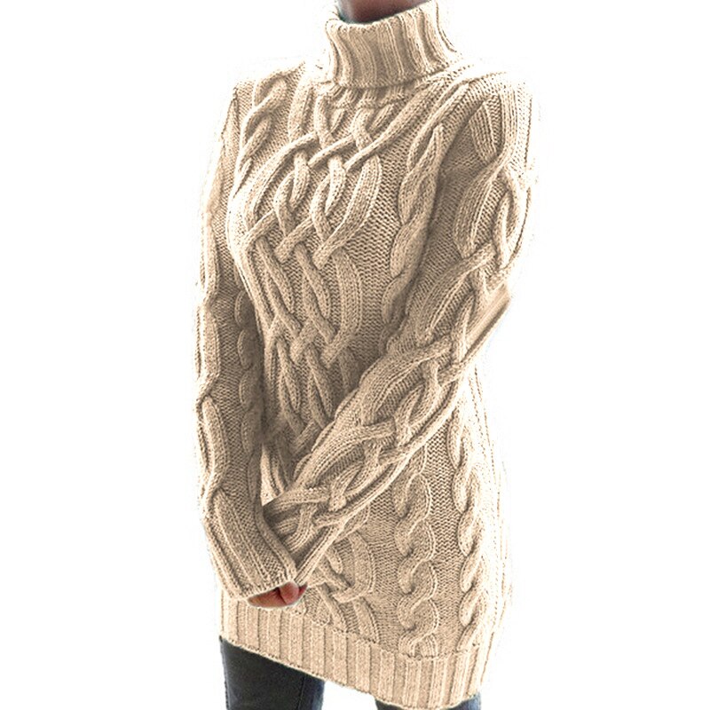 Womens Long Turtleneck Sweater | Cable Pattern