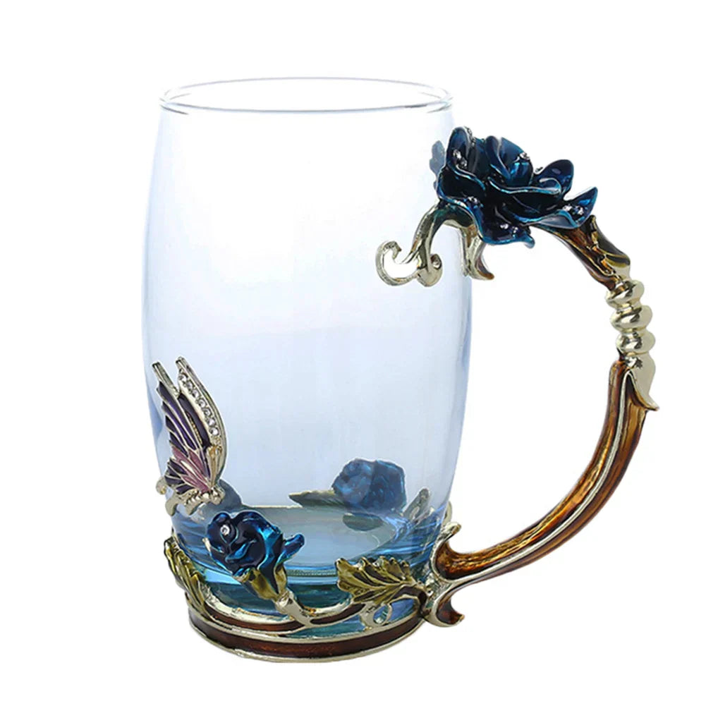 Enamel Rose Glass Tea Cup Set with Spoon for Mother's Day Gift
