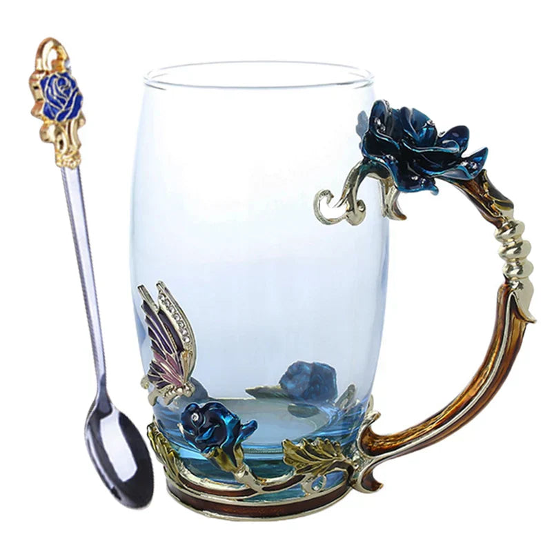 Emaille-Rosen-Glas-Teetassen-Set mit Löffel als Muttertagsgeschenk