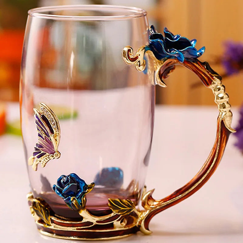 Enamel Rose Glass Tea Cup Set with Spoon for Mother's Day Gift
