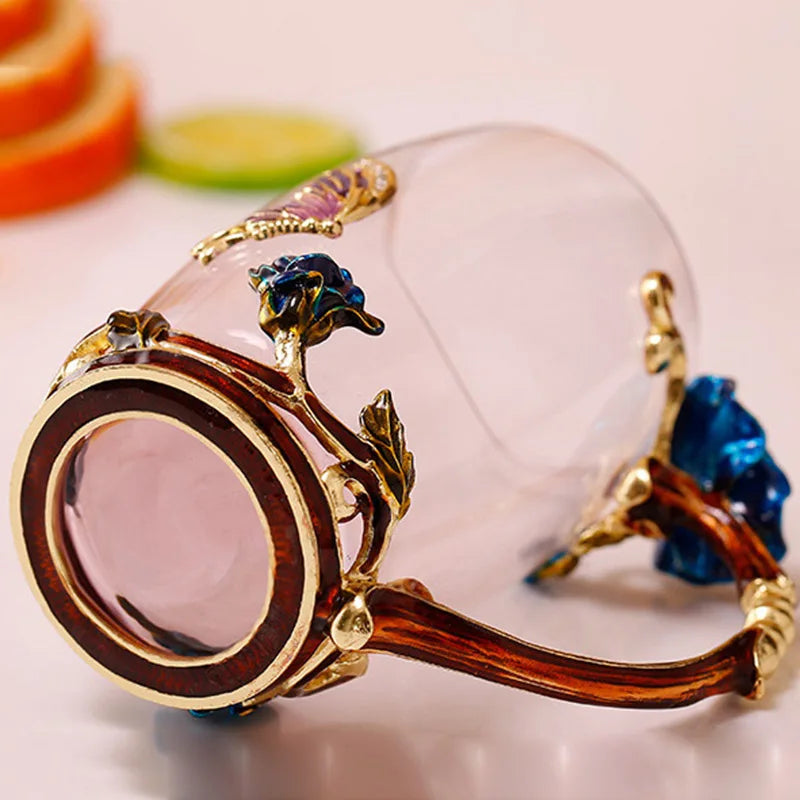 Emaille-Rosen-Glas-Teetassen-Set mit Löffel als Muttertagsgeschenk
