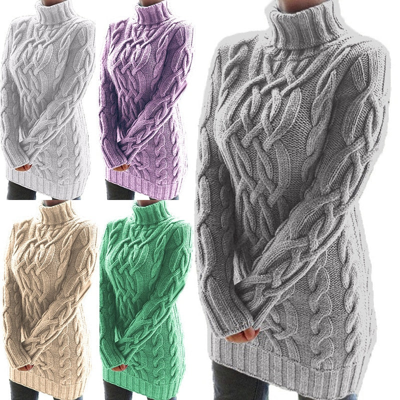 Womens Long Turtleneck Sweater | Cable Pattern