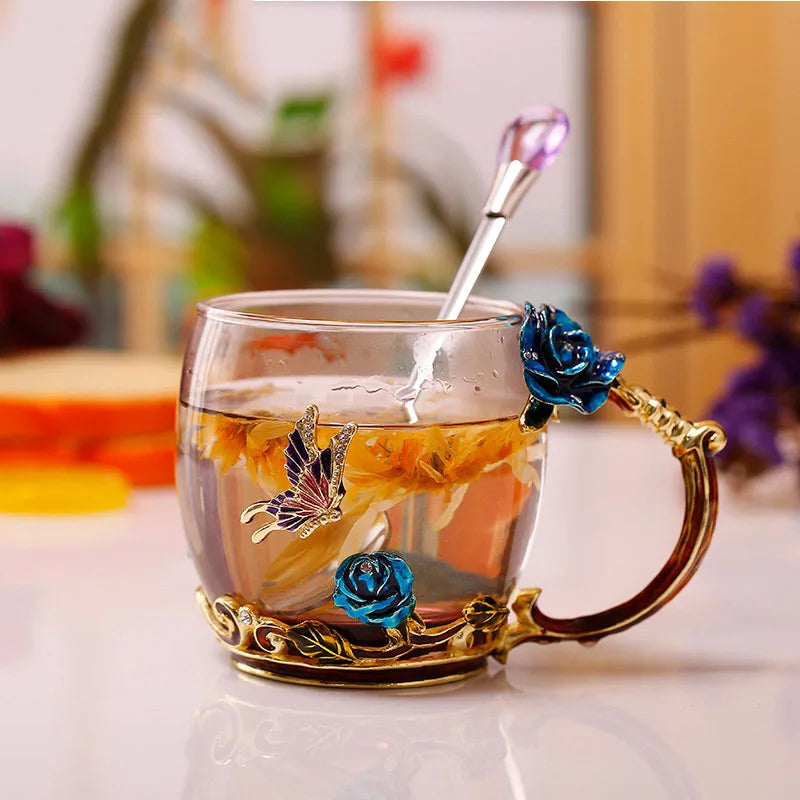 Emaille-Rosen-Glas-Teetassen-Set mit Löffel als Muttertagsgeschenk