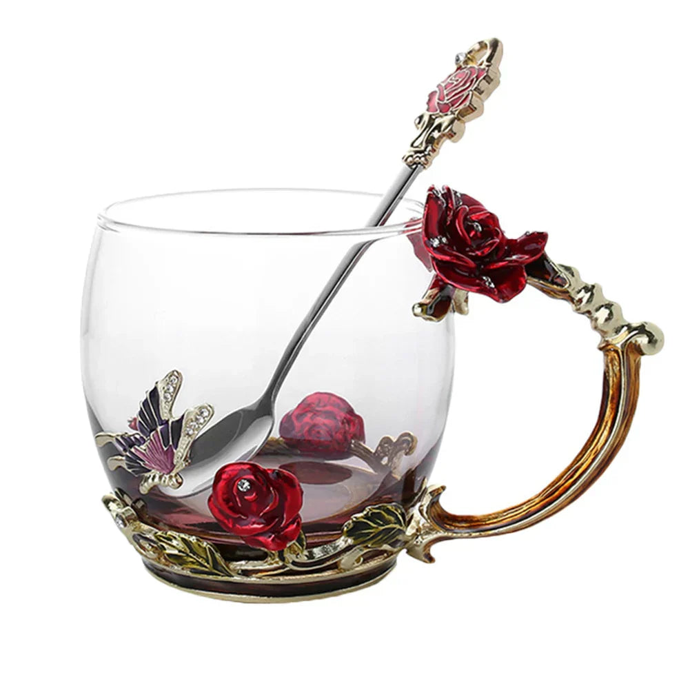 Emaille-Rosen-Glas-Teetassen-Set mit Löffel als Muttertagsgeschenk
