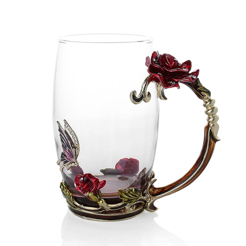 Enamel Rose Glass Tea Cup Set with Spoon for Mother's Day Gift