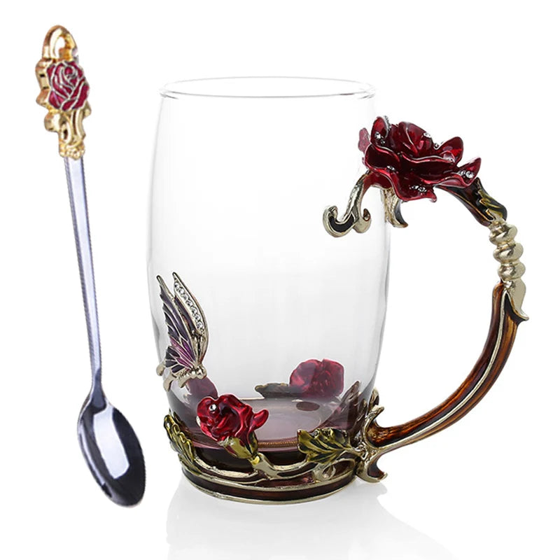 Emaille-Rosen-Glas-Teetassen-Set mit Löffel als Muttertagsgeschenk