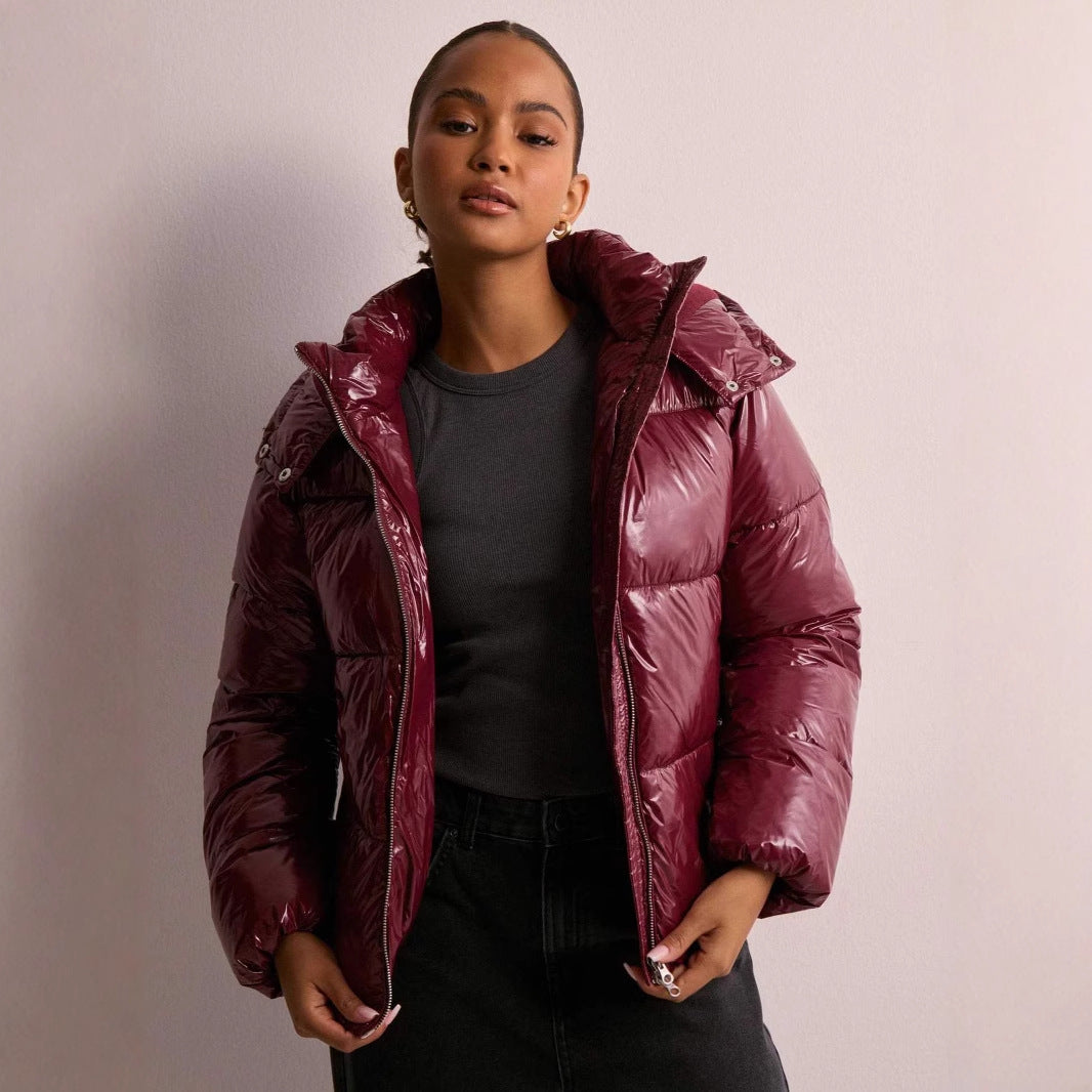 Womens Shiny Puffer Jacket | Removable Hood