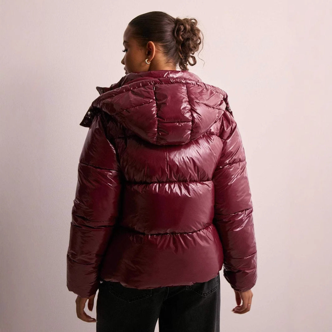 Womens Shiny Puffer Jacket | Removable Hood