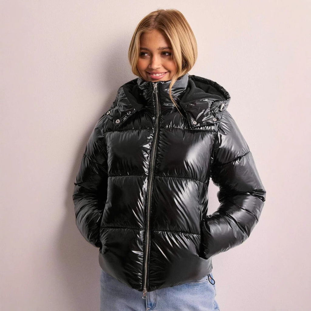 Womens Shiny Puffer Jacket | Removable Hood
